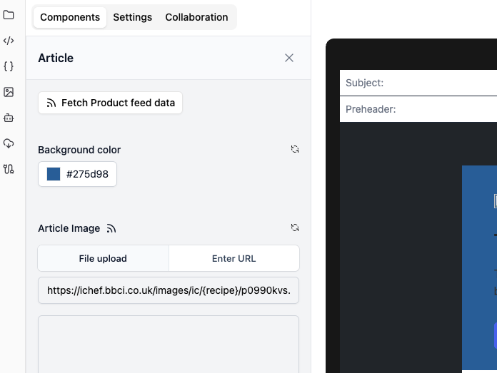 Screenshot of feed fields in component builder