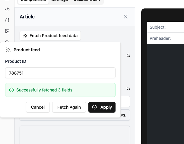 Screenshot of feed fields in component builder